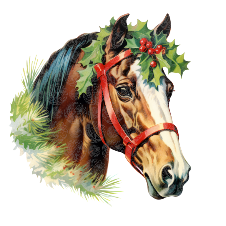 Christmas horse wearing holly crown and red bridle surrounded by pine boughs, Grey Barn Handwerk, Saskatchewan.